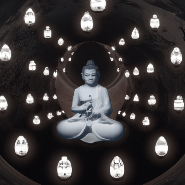 Meditating Buddha made of pure light in a dark cave, slight illuminaton of walls, with five orbs around him in the form of a crescent shaped glowing aura of orbs with alien looking symbols inside each of the 5 orbs