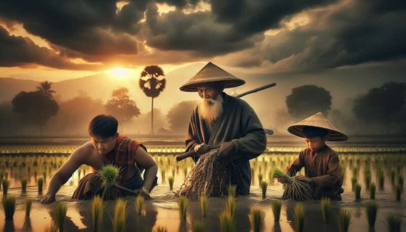 Thai Rice farmer's Children Learning the Family Profession they will one day Inherit