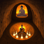 Meditating Buddha made of pure light in a dark cave, slight illuminaton of walls, with five orbs around him in the form of a crescent shaped glowing aura of orbs with alien looking symbols inside each of the 5 orbs
