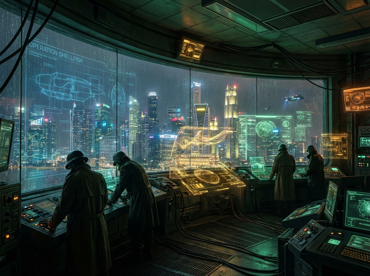 Futuristic command center in neon-lit Singapore