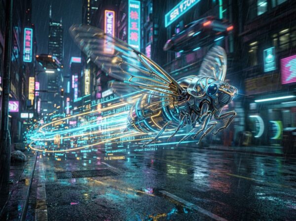 Cybernetic cicada speeding through glowing data streams