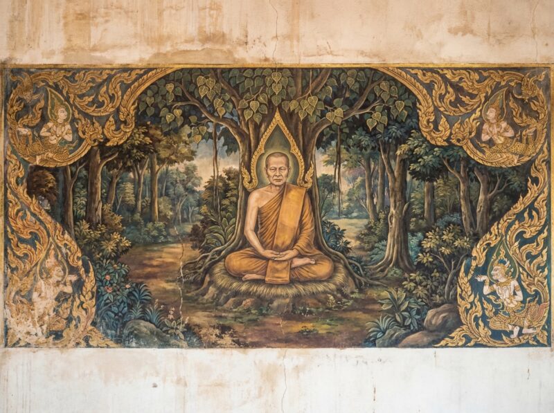 Ajahn Chah meditating in Rattanakosin Thai art style