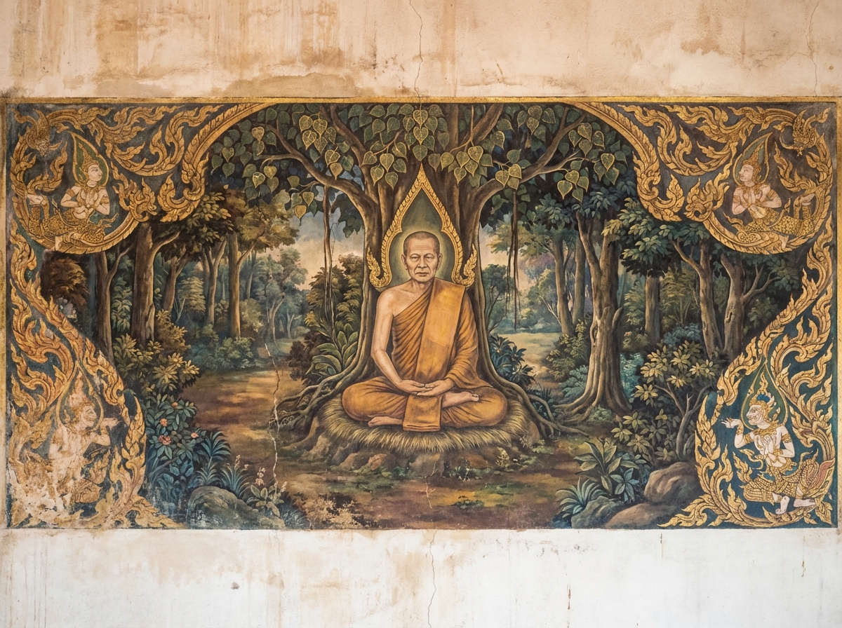 Ajahn Chah meditating in Rattanakosin Thai art style