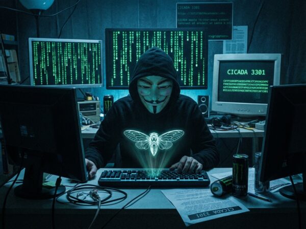 Hacker with Guy Fawkes mask and green raining code