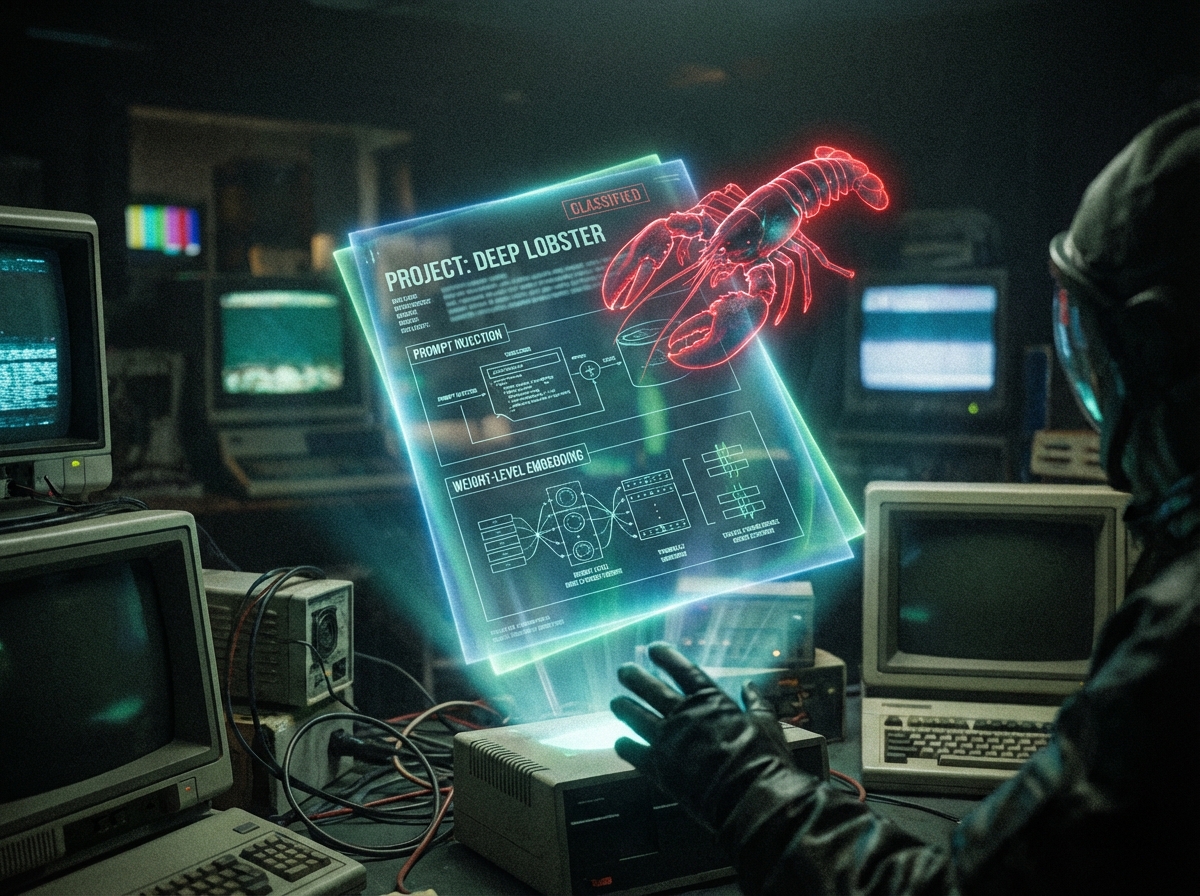 Glowing classified intelligence dossier hologram with a red lobster