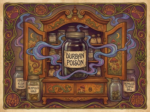 Psychedelic stash box with Durban Poison cannabis strain