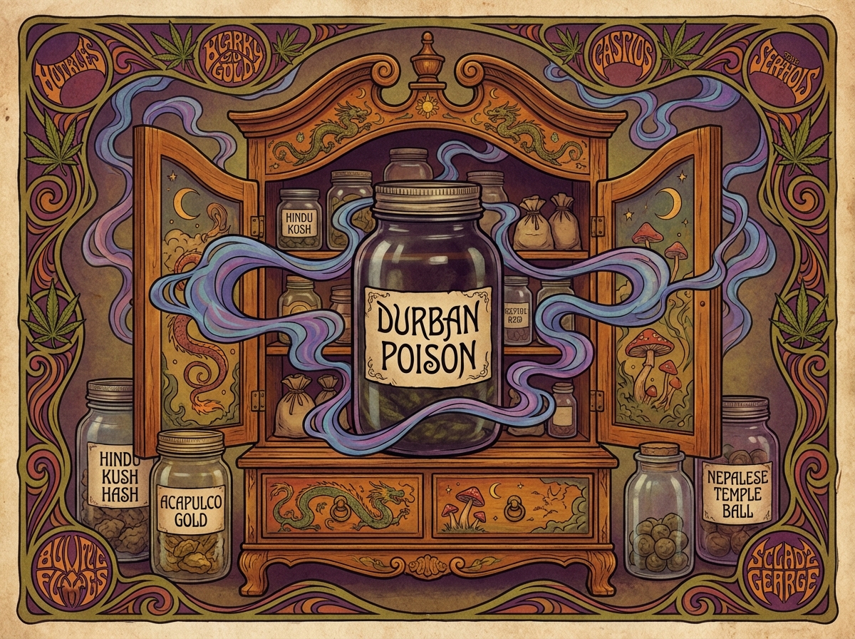 Psychedelic stash box with Durban Poison cannabis strain