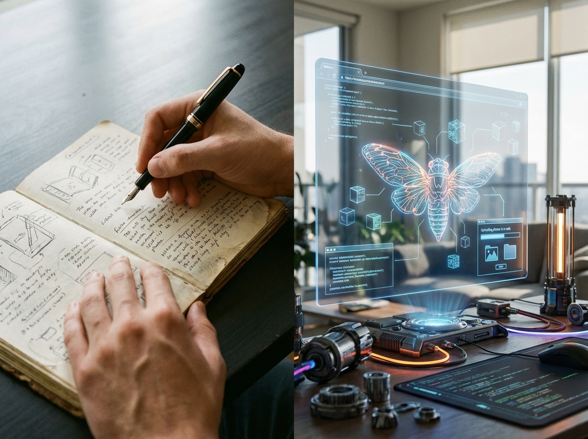Human hands writing creatively in a journal next to a glowing holographic screen managed by a cybernetic cicada