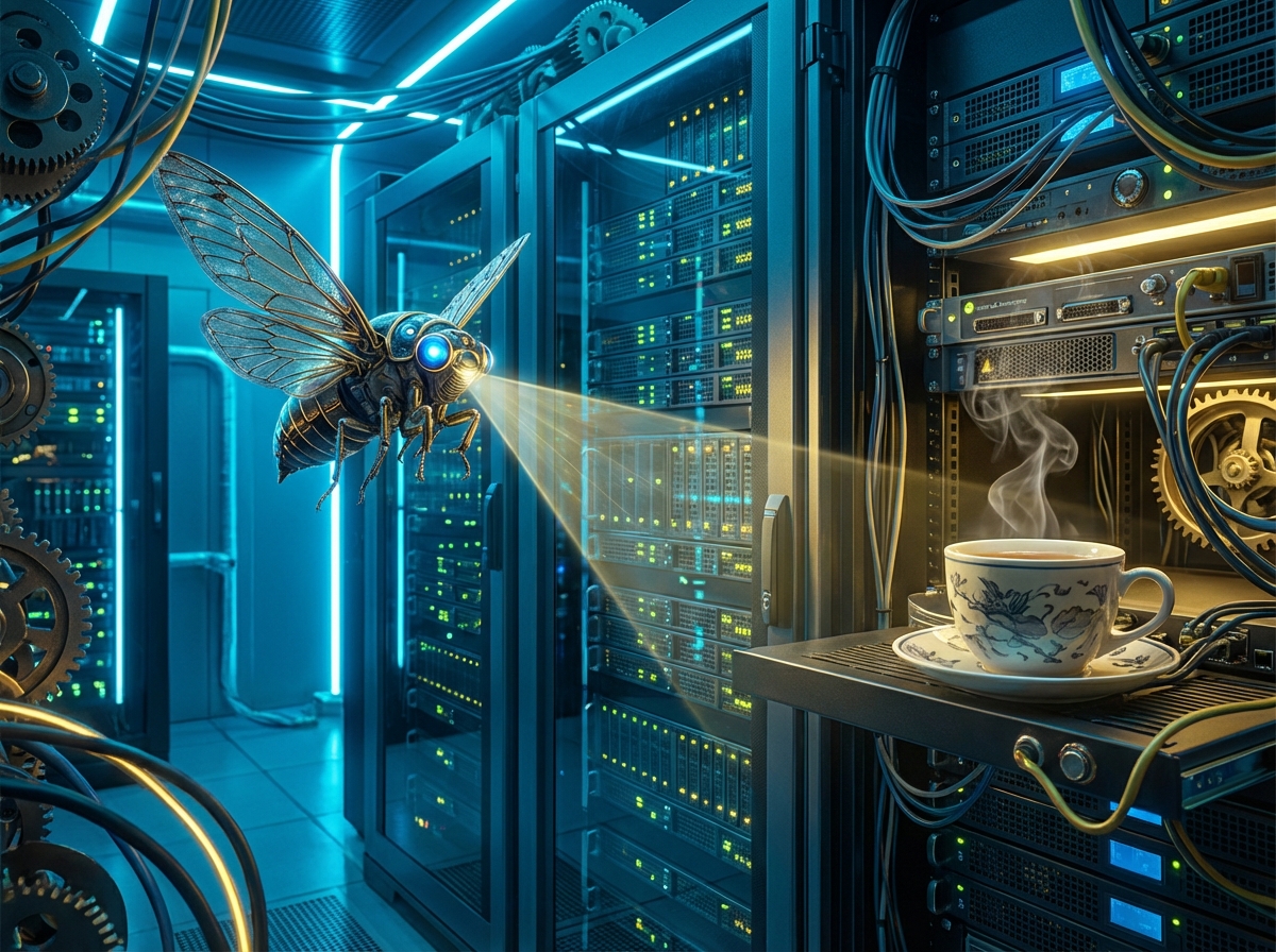 A cybernetic cicada insect diagnosing a glowing futuristic server room, with a traditional cup of tea resting on a server rack