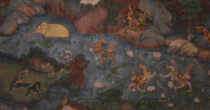 Thai temple mural painting featuring mythical Himapant forest animals