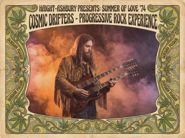 1970s psychedelic prog-rock concert poster style artwork