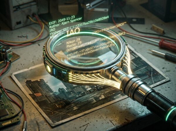 Glowing futuristic magnifying glass scanning metadata on a photograph