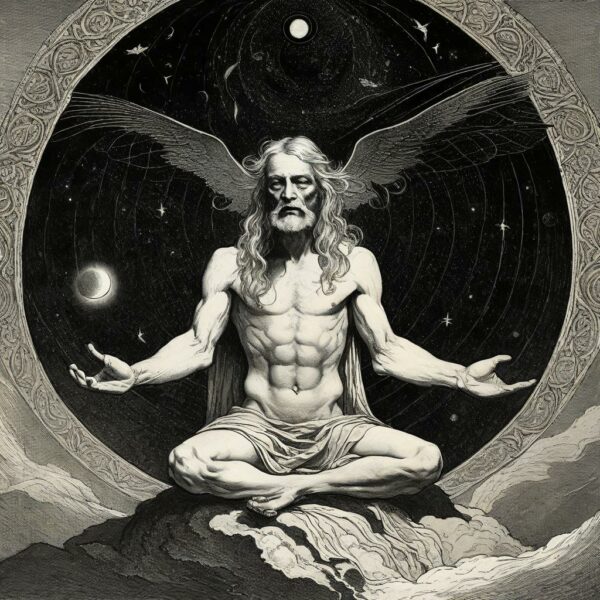 Lucifer - Herald of Dawnใ Lucifer sits in lotus posture, emanating a sense of tranquility and contemplation.