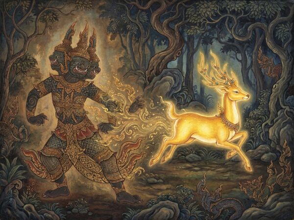 Maricha transforming into the Golden Deer in Thai art style