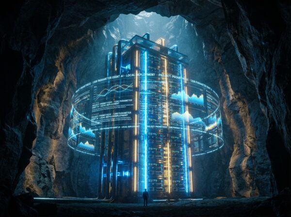 Massive glowing AI server rack representing local OSINT model