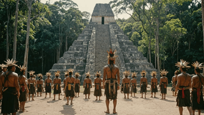 Ancient Maya backs to viewer, gaziing at a Mayan Pyramid in the Jungle with Bokeh Effect and old grainy photo look; - AI Art generated in Stable Diffusion XL 1.0
