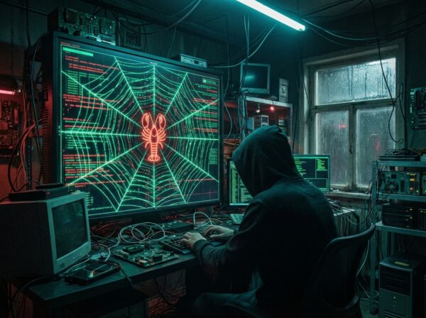 Digital spiderweb of data connections with a red lobster symbol