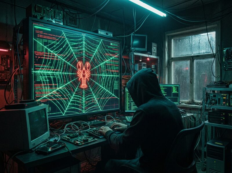 Digital spiderweb of data connections with a red lobster symbol