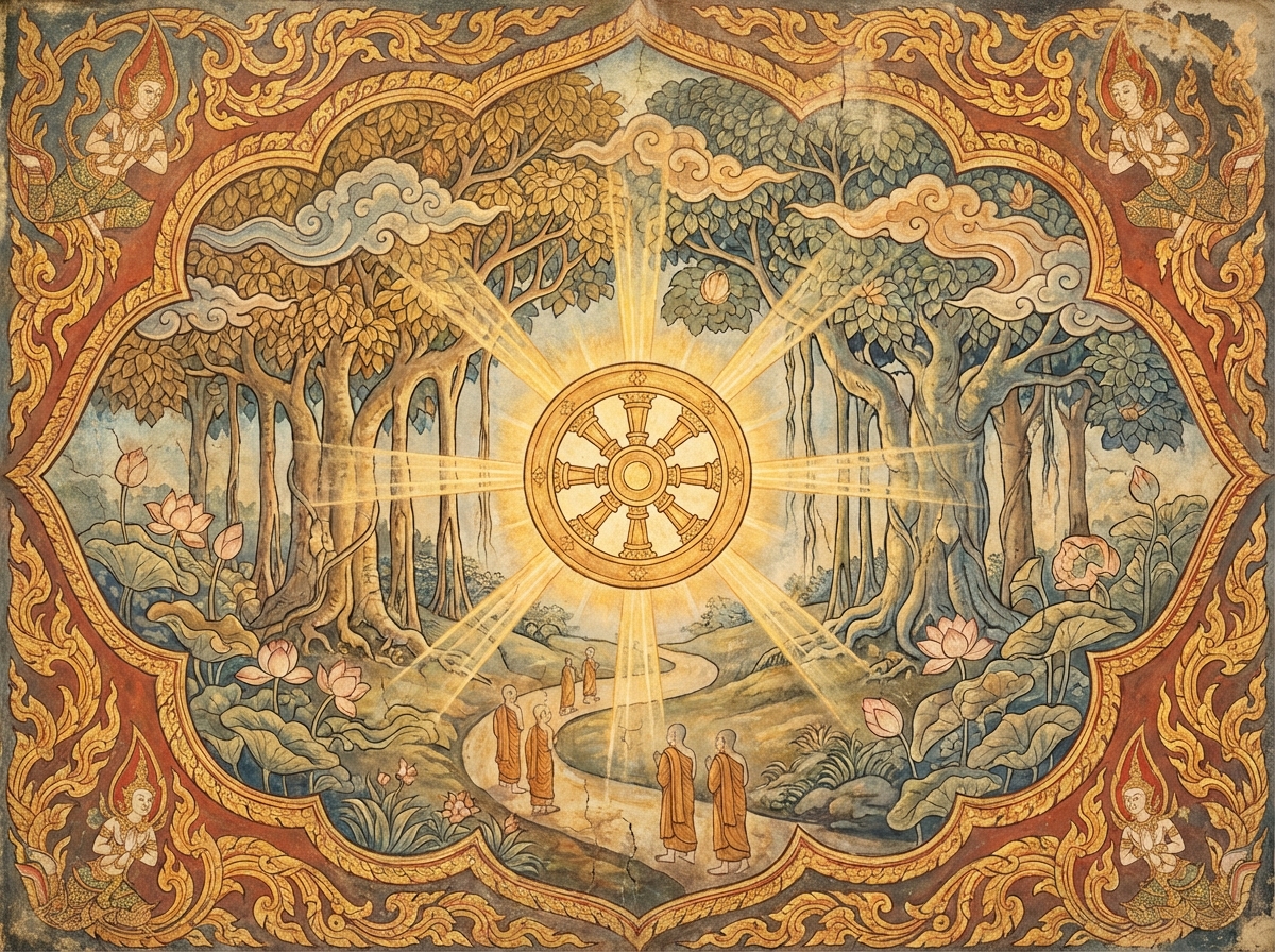 Glowing Dharma Wheel in Thai Rattanakosin art style