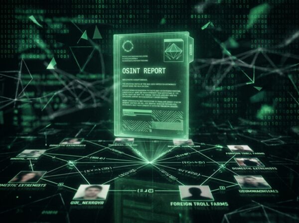 Glowing green digital dossier containing an OSINT report