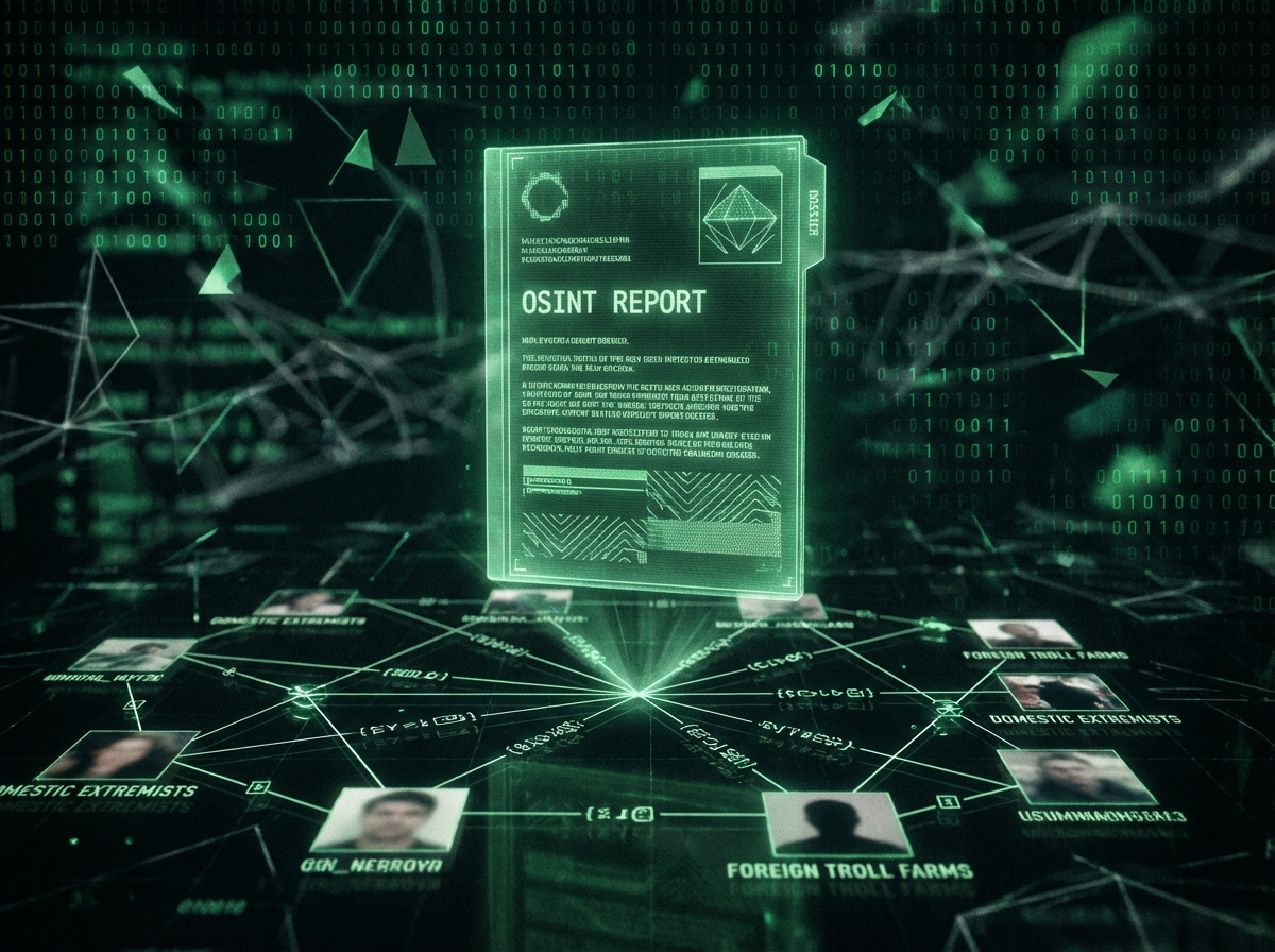 Glowing green digital dossier containing an OSINT report