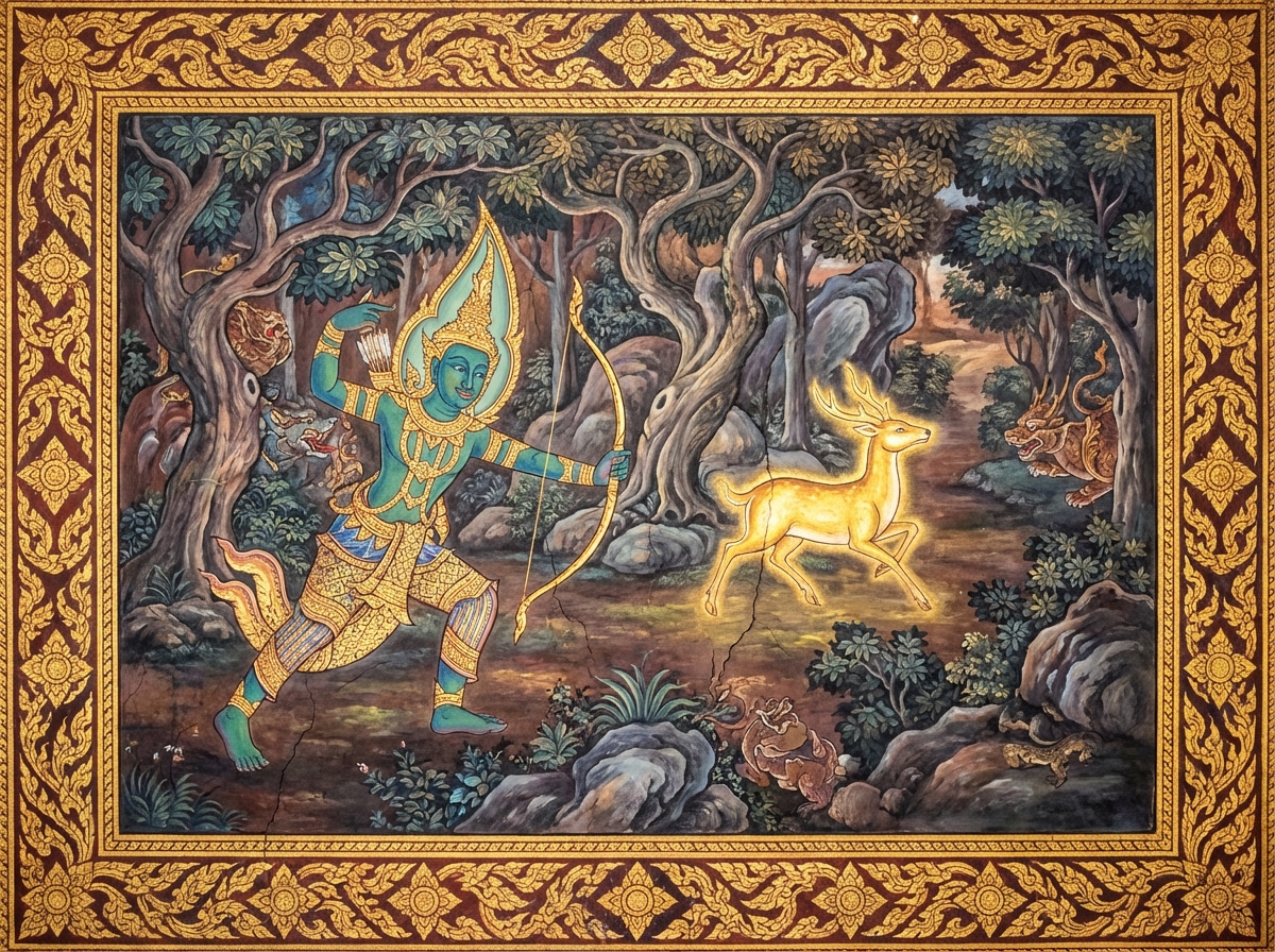 Prince Rama chasing the Golden Deer in Thai mural style
