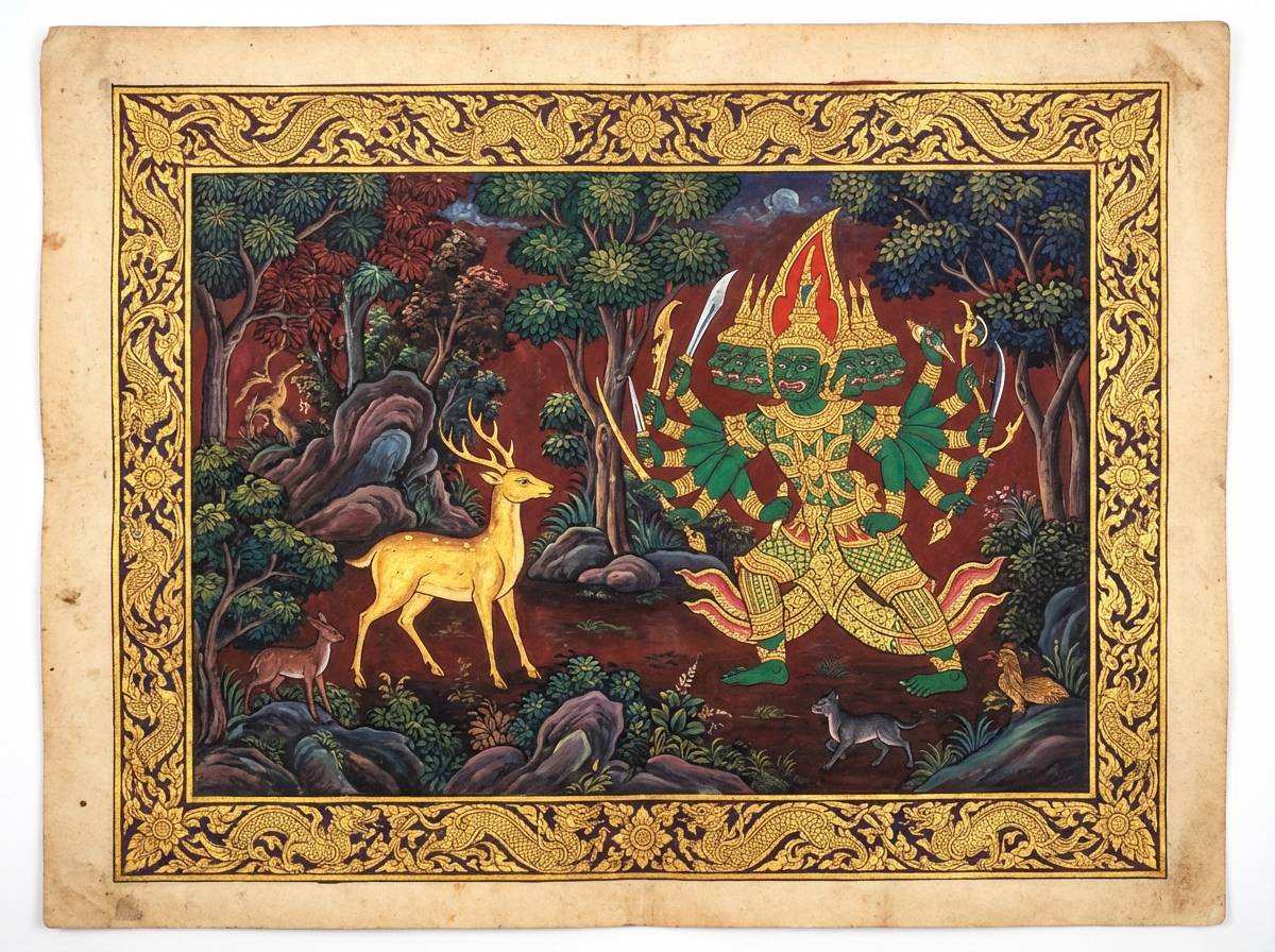 Demon King Ravana coercing Maricha in Thai art style