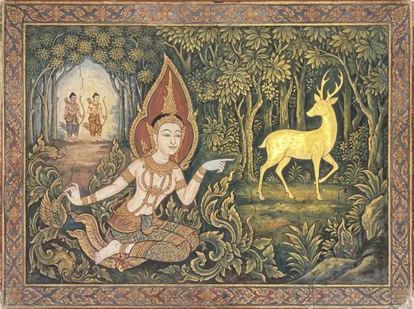 Sita pointing at the Golden Deer in Thai Rattanakosin art style