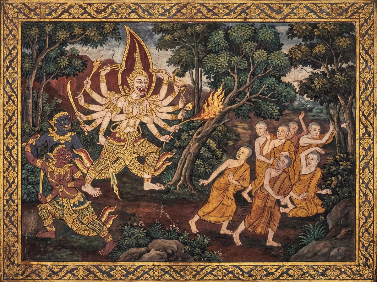 Demoness Tataka wreaking havoc in Rattanakosin Thai art style