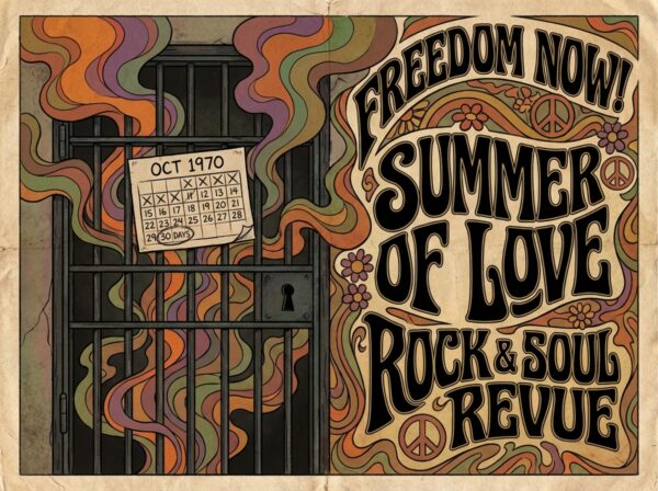 Stylized prison cell door in 1970s psychedelic rock art style