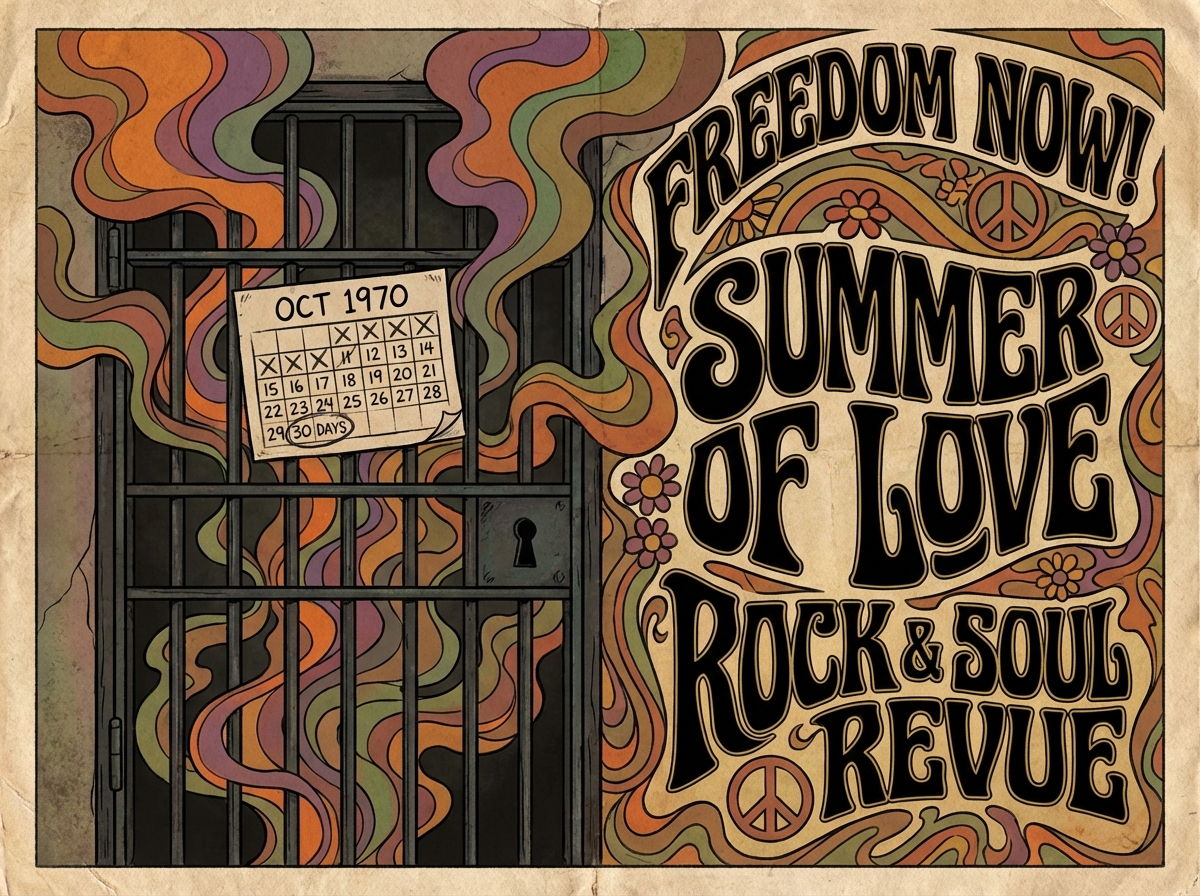 Stylized prison cell door in 1970s psychedelic rock art style